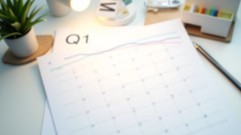 Calendario con anotaciones de revisión trimestral y pluma sobre superficie clara