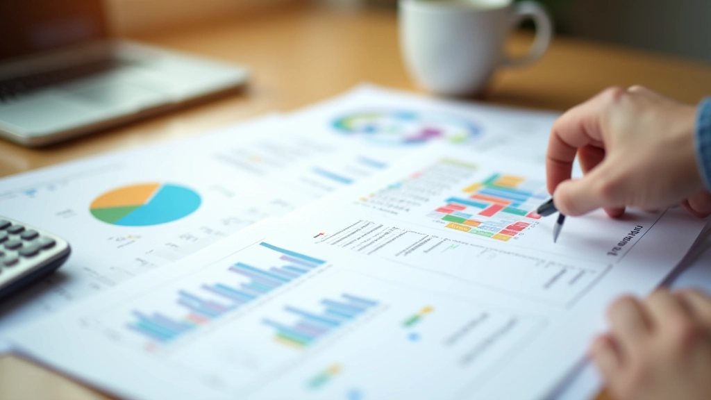 Documento de planificación financiera con gráficos y calculadora sobre escritorio de madera