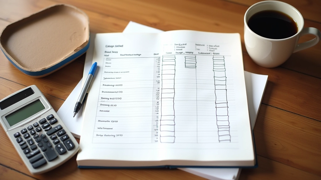 Cuaderno con anotaciones de presupuesto y gráficos dibujados a mano junto a calculadora y café