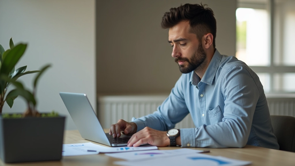 Persona revisando progreso financiero en laptop con gráficos de barras de ahorro