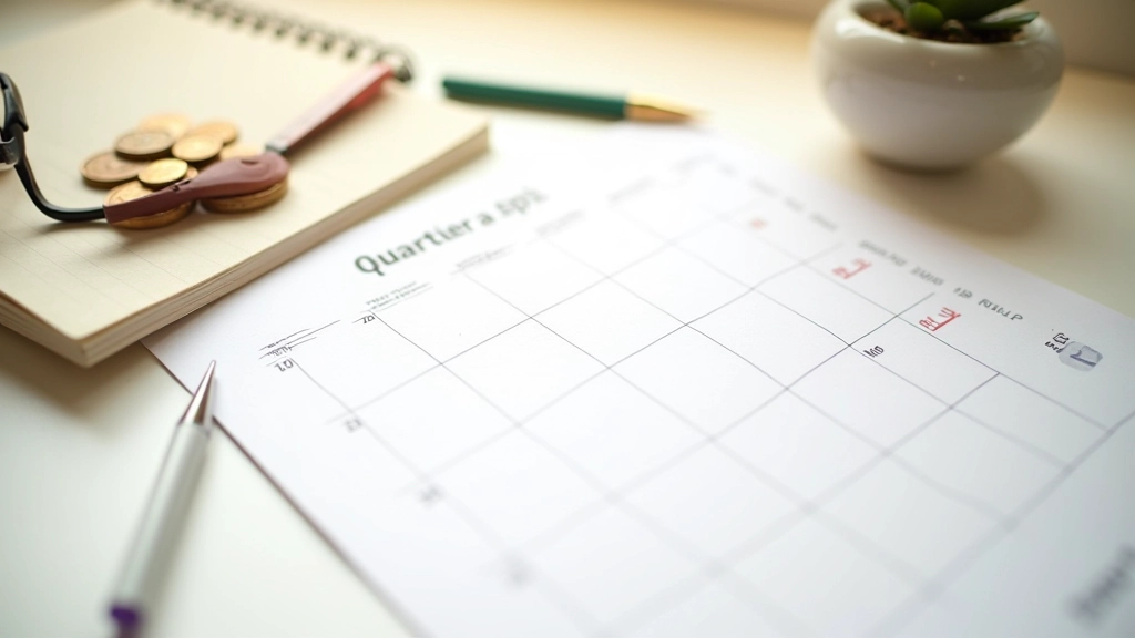 Calendario trimestral con anotaciones de revisión de metas financieras y moneda de ahorro