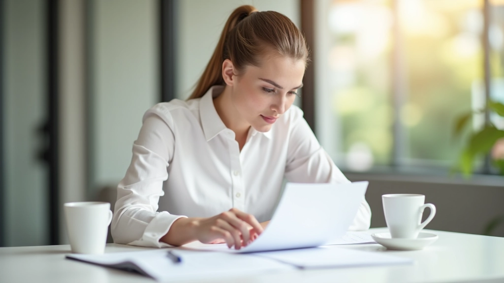 Persona revisando documentos financieros en escritorio luminoso con café